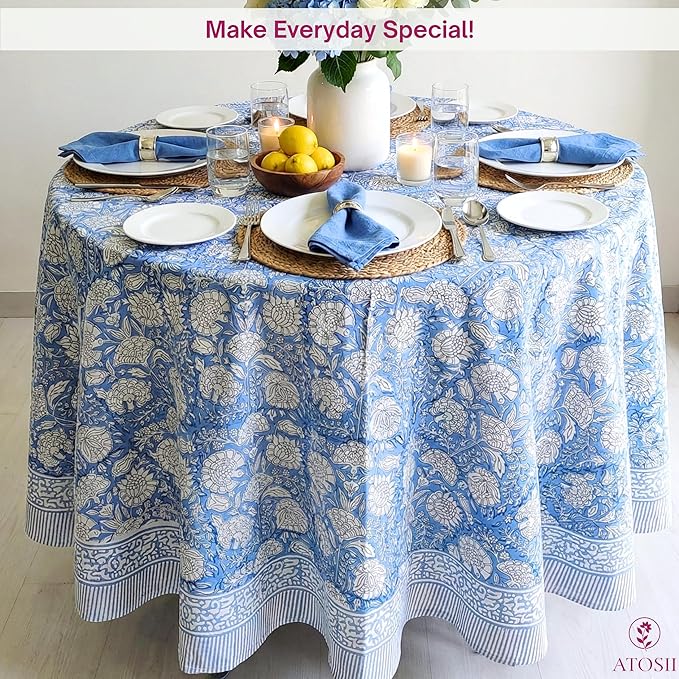 ATOSII Azora Blue 100% Cotton Round Tablecloth, Handblock Print Floral Table Cloth for Kitchen Dining Linen I Parties, Weddings, Outdoors I 72" Inches Round