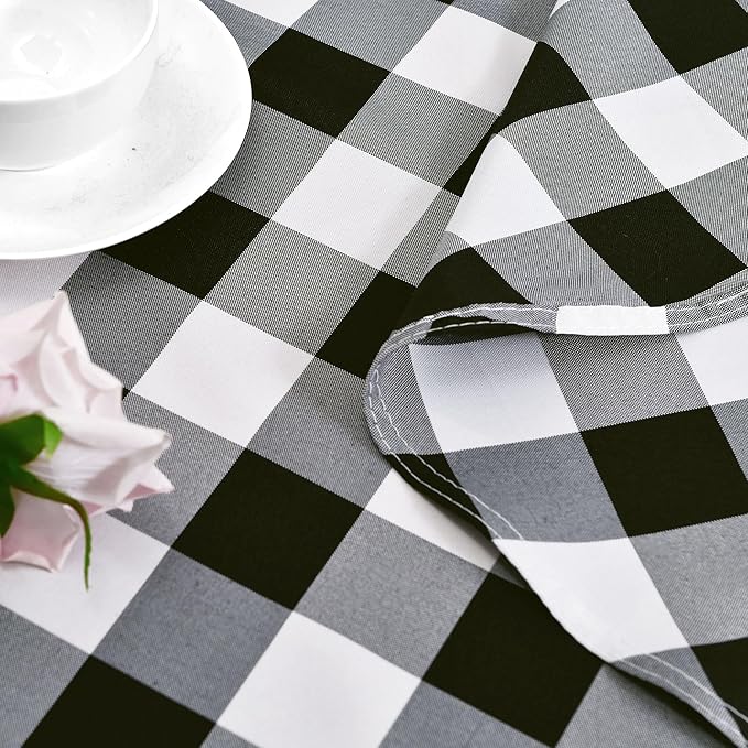 Hiasan Checkered Round Tablecloth 120 Inch - Waterproof Stain and Wrinkle Resistant Washable Fabric Table Cloth for Dining Room Party Outdoor Picnic, Black and White