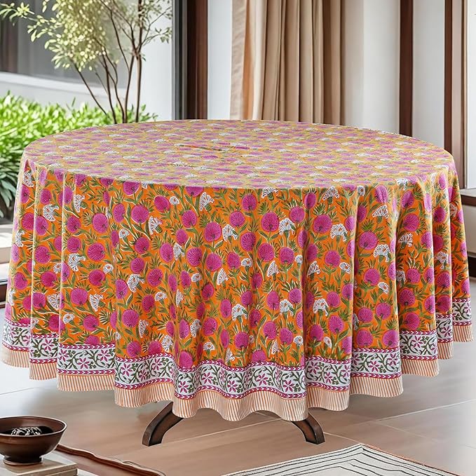 Ridhi Block Print Round Bubblegum Pink Reusable Tablecloth 100% Cotton 60" Inch Decorative Table Cover eveyday Dining, Home, Party, Wedding, Farmhouse Gift for Spring, Easter, Valentine