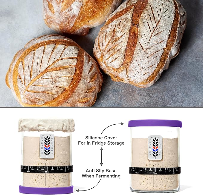 Premium Sourdough Starter Jar - 40oz Large Sourdough Jar with Marked Feeding Band, Thermometer, Scraper, Cloth Cover and Silicone Lid/Base, Wide Mouth Starter Kit - Purple