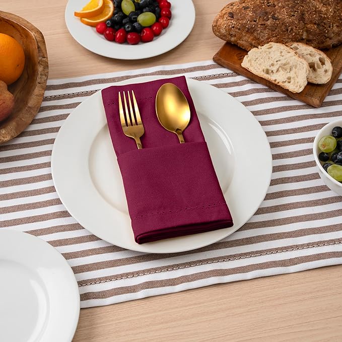 Blue Needles Set of 6 Hemstitch Linen Napkins 100% Cotton Burgundy Cloth Dinner Napkins 18x18 inches, Soft, Reusable, Absorbent, Washable, Ideal for Wedding Events, Parties & Everyday Use