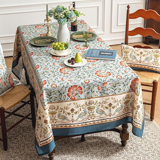 Designer French Linen Table Cloth for Rectangle Tables,Vintage Iris Floral Pattern Tablecloth,Colorful Table Cover for Kitchen Dining,Fall Holiday,Thanksgiving, 60x120