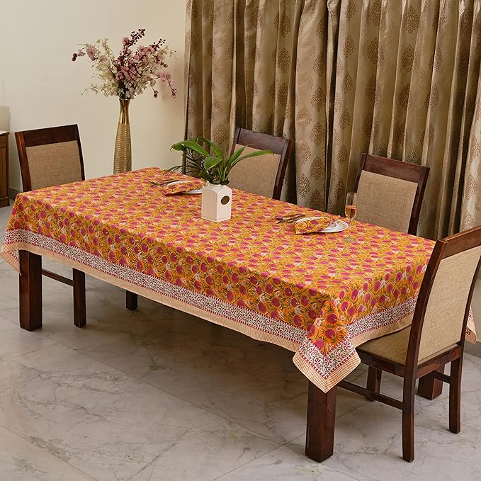 Ridhi Hand Block Print Bubblegum Pink Rectangle Cotton Tablecloth 108" x 70" Reusable Table Cover Decorative Everyday Use for Dining, Farmhouse, Home Gift for Spring, Easter, Valentine