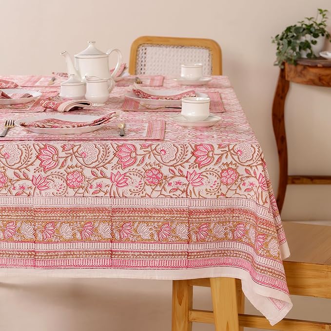 Hand Block Printed Table Cover - Exquisite Design, Premium Cotton Fabric, Perfect for Dining and Decor, Dining Table Linen(Taffy Pink Flower,14 Seater 72 x 160 Inches Rectangle)