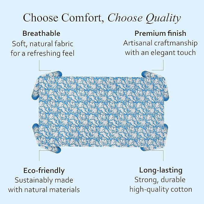 CPC Tablecloth 100% Cotton 70x108 Inch Indian Block Print Rectangle Table Cover, Washable Table Cloth for Weddings, Spring/Summer, Barbeque - Blue Sapphire