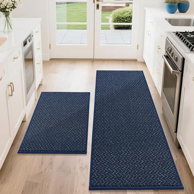COSY HOMEER Kitchen Rugs Non Slip Washable 24"x36"+24"x60" Absorbent Kitchen Mats for Floor Stain Resistant Kitchen Runner Rug Sets of 2 Kitchen Floor Mats for Sink,Navy Blue