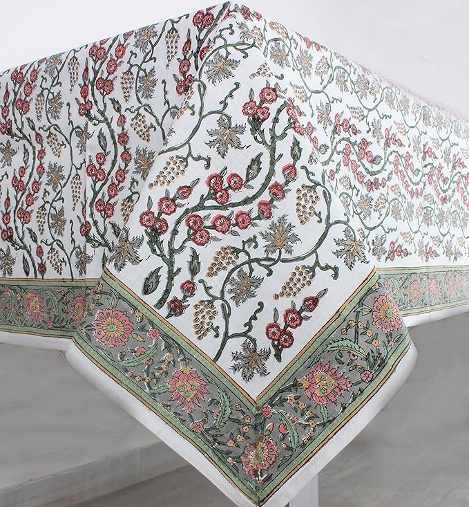 Ridhi Hand Block Print Coral Pink Rectangle Cotton Tablecloth 120" x 80" Reusable Table Cover Decorative Everyday Use for Dining, Farmhouse, Home Gift for Spring, Easter, Valentine