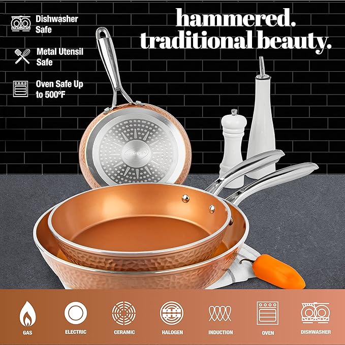Gotham Steel Hammered Frying Pan Set, 3 Piece Nonstick Copper Fry Pans, 8”, 10” & 12” Skillet, Omelet Pan, Cookware, PFOA Free, Dishwasher Safe, Cool Touch Handle