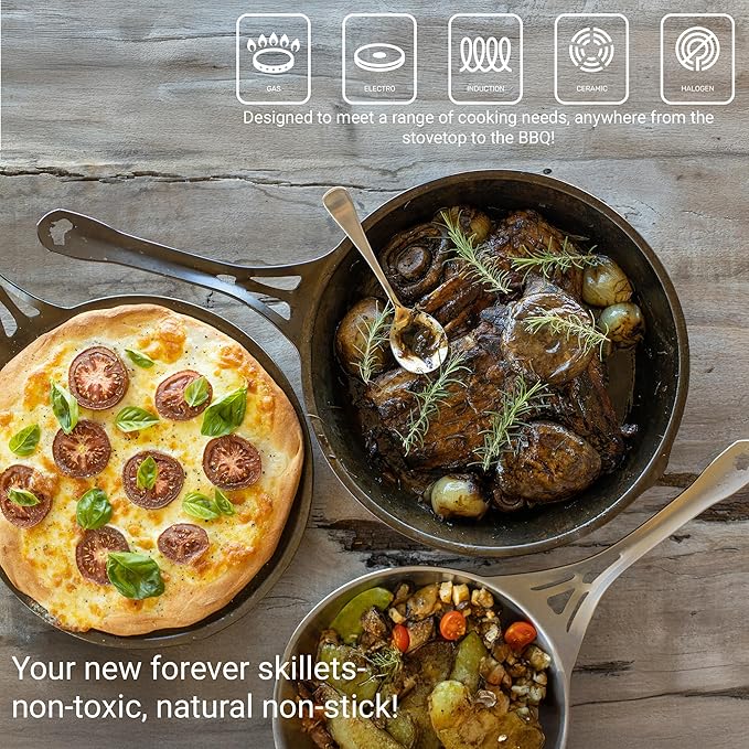 SOLIDTEKNICS AUS-ION Lightning Long Handle Skillet Set - 10-Inch Seasoned Iron Frying Pan with Lil Flippa Stainless Spatula & Mini Scraper - Stovetop, Oven Ready & Campfire Cooking