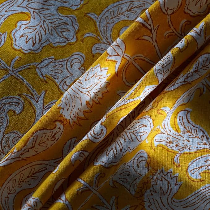 Ridhi Block Print Round Saffron Yellow Reusable Tablecloth 100% Cotton 132" Inch Decorative Table Cover eveyday Dining, Home, Party, Wedding, Farmhouse Gift for Spring, Easter, Valentine