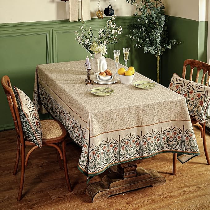 patdrea Designer French Light Brown Rectangle Table Cloth,Linen Floral Durable Breathable Tablecloth,Decorative for Kitchen Dining,Parties,Tea Party,Christmas,Thanksgiving63 x87-Cudillero