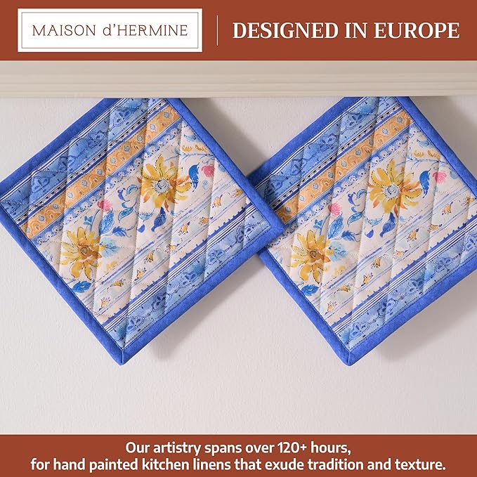 Maison d' Hermine Pot Holders Set 100% Cotton Heat Resistant Potholders 8" x 8" Hot Pads with Loop BBQ, Cooking, Baking, Grilling, Kitchen, Handling Hot Pans Spring/Summer (Pack of 2, Girassol)