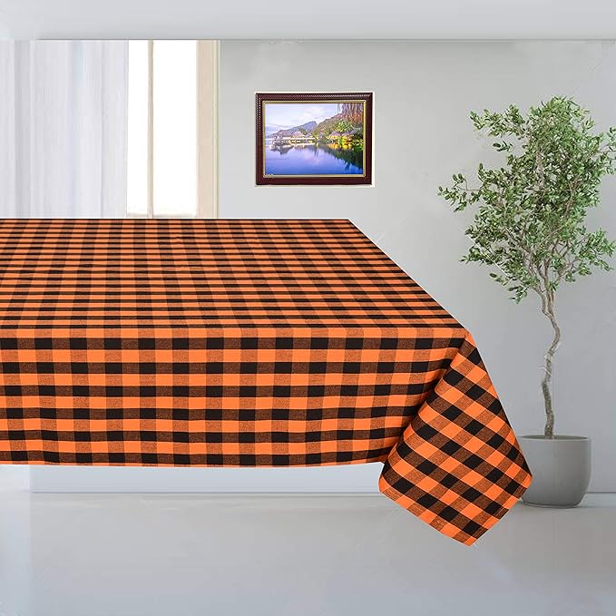 Urban Villa Halloween Tablecloth Buffalo Check Table Cloth Tabletop Cover Kitchen Dining Tablecloth Size- 60"X102"100% Cotton Ideal for Parties Wedding Holiday Dinner Orange/Black Rectangle 8-10 Seats