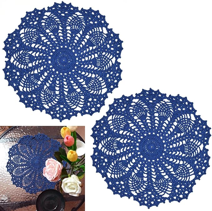 BIBITIME Lace Doilies Crochet Handmade Lace Coasters Round Placemat Rustic Table Doilies Decors for Kitchen Dining Room Party Dressers (11 inches to 12 inches,Pack of 2 PCS, Navy)