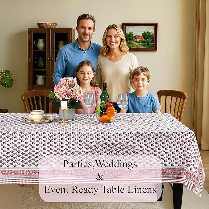 CPC Tablecloth 100% Cotton 70x118 Inch Indian Block Print Rectangle Table Cover, Table Cloth for Weddings, Spring/Summer, Barbeque -Pink Sapphire