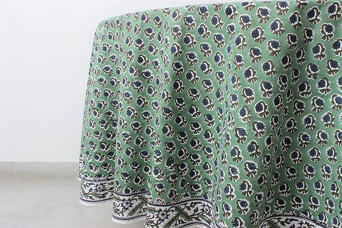 Ridhi Block Print Round Basil Green Reusable Tablecloth 100% Cotton 60" Inch Decorative Table Cover eveyday Dining, Home, Party, Wedding, Farmhouse Gift for Spring, Easter, Valentine