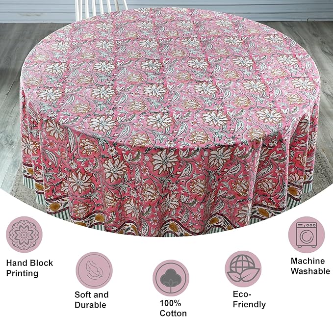 Ridhi Block Print Round Candy Pink Reusable Tablecloth 100% Cotton 60" Inch Decorative Table Cover eveyday Dining, Home, Party, Wedding, Farmhouse Gift for Spring, Easter, Valentine