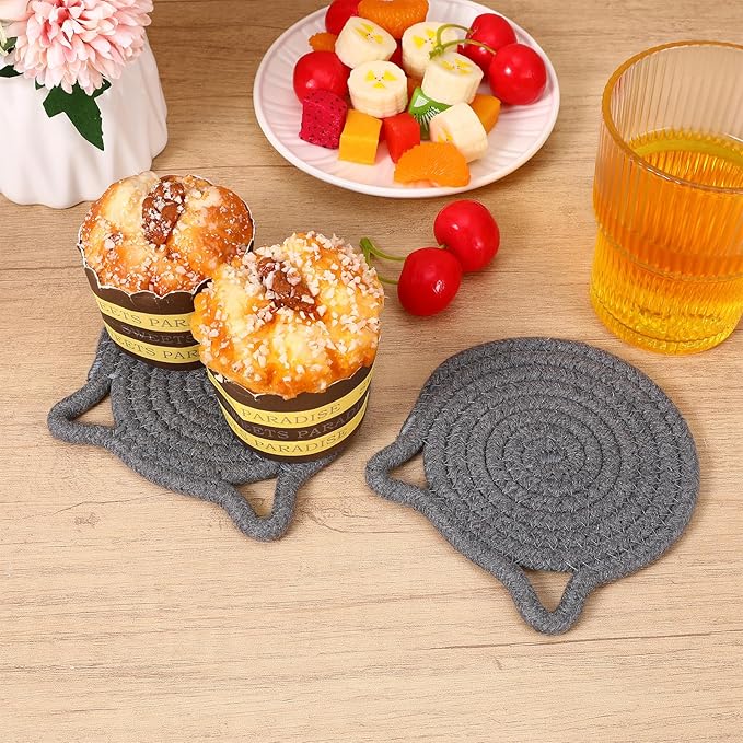 2 Pcs Cute Coasters for Desk, Cat Coasters, 5.12 in Cat Ear Shaped Coaster, Absorbent Handmade Fabric Drink Coaster for Coffee, Hot Tea Drink Juice, Protect The Wooden Tabletop Surface (Grey)