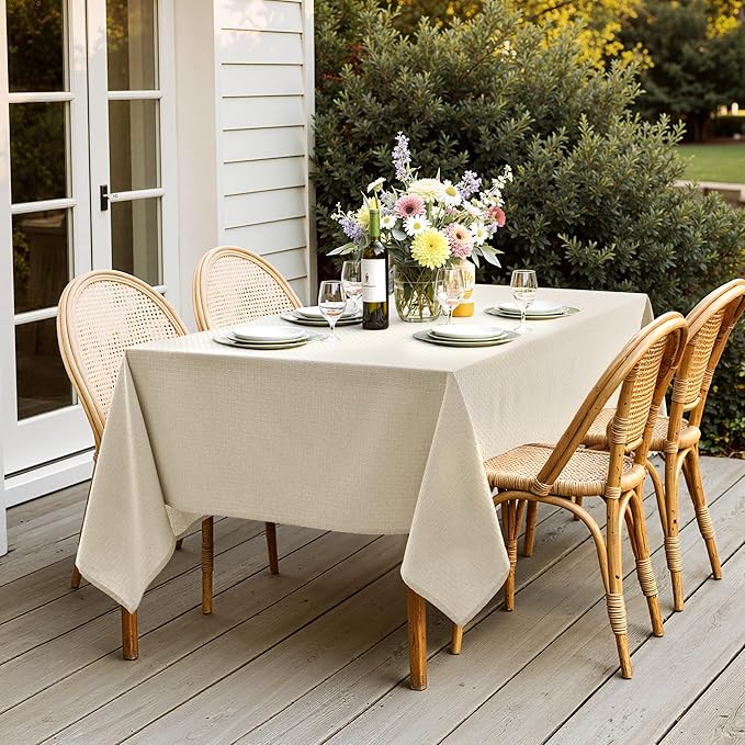 MIULEE Natural Beige Linen Cotton Table Cloth Rectangle Tablecloth Spring Waterproof Spillproof Cross-Star Textured Table Cltoth Decorative Farmhouse Style for Dining Party Weddings 60x104 Inch