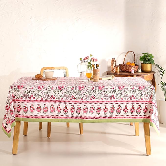 Hand Block Printed Table Cover - Exquisite Design, Premium Cotton Fabric, Perfect for Dining and Decor, Dining Table Linen (Peach Rose Bloom, 12 Seater 72 x 135 Inches Rectangle)