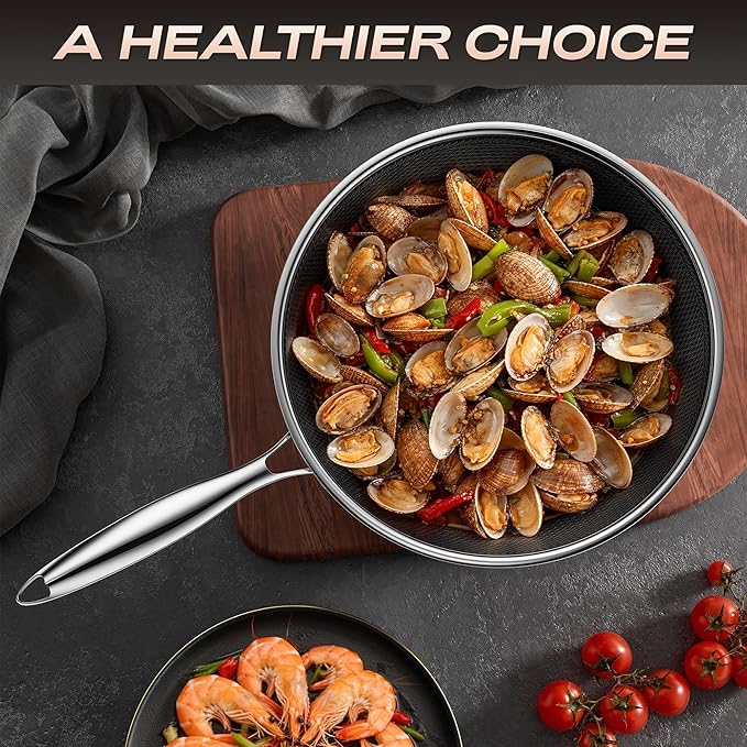 Wok,Hybrid 12-Inch Wok with Lid,Nonstick Stainless Steel Woks & Stir-fry pans,Dishwasher-Friendly,PFAS PFOA PTFE Free, Oven-Safe Up to 600°F,Compatible with All Cooktops