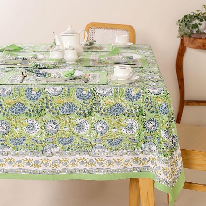 Hand Block Printed Table Cover - Exquisite Design, Premium Cotton Fabric, Perfect for Dining and Decor, Dining Table Linen(Asparagus Green,14 Seater 72 x 160 Inches Rectangle)