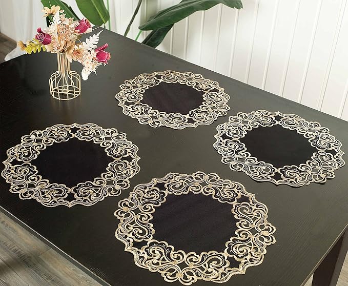 Decozen Set of 12 Doilies for Table, Lace Doilies - Rustic, Crochet, Farmhouse, Kitchen, Dining Table Centerpiece Decor - Round Christmas Placemats for Home - 15 inch Gold Black, Granada Collection
