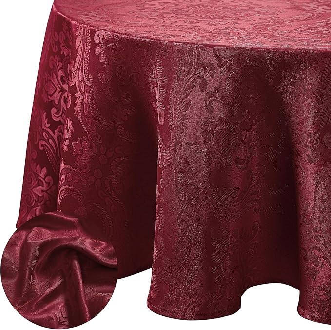 Elrene Home Fashions Caiden Elegance Damask Waterproof, Stain & Wrinkle Resistant Fabric Tablecloth, 70" Round, Cranberry