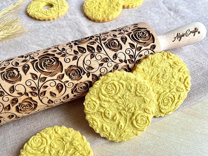 DAMASCUS ROSES Embossed Rolling Pin Wooden Embossing Dough Roller for Cookies and Ceramic by Algis Crafts