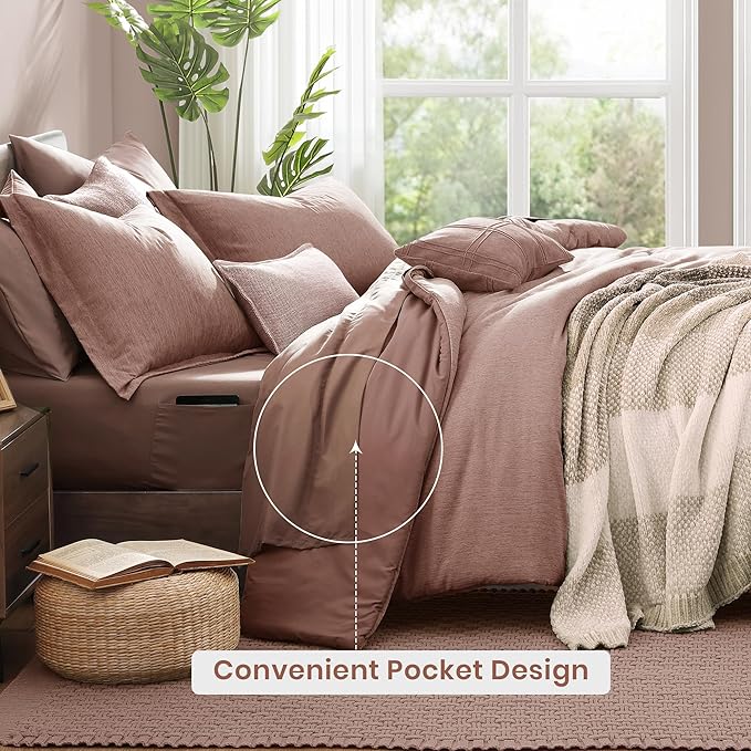 Monbix Full Size Comforter Set-7 Pieces Dusty Pink Cationic Dyeing Bed in a Bag Full Bedding Sets with Comforter, Sheets, Pillowcases & Shams, All Season Reversible Bedding Comforters