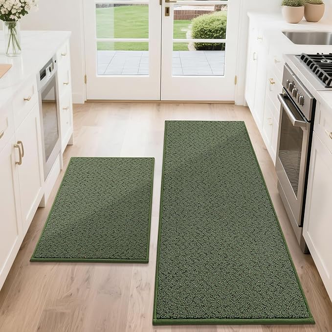 COSY HOMEER Kitchen Rugs Non Slip Washable 24"x36"+24"x60" Absorbent Kitchen Mats for Floor Stain Resistant Kitchen Runner Rug Sets of 2 Kitchen Floor Mats for Sink,Green