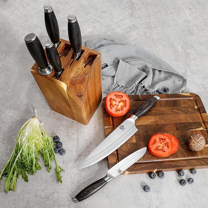 WILDMOK Knife Set, 7 Piece Kitchen Knife Block Set with Block Wooden, German Stainless Steel Sharp Chef Knife Set with Sharpener
