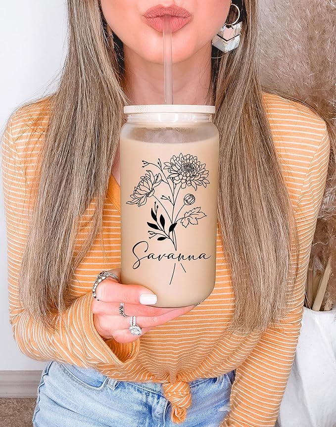 Sip-Sip Hooray! Personalized Birth Flower Glass Cup with Lid & Straw, 16oz Custom Name Mason Jar Tumbler, Dishwasher Safe Iced Coffee Cup, Floral Bridesmaid or Birthday Gift for Women, Glass Straws