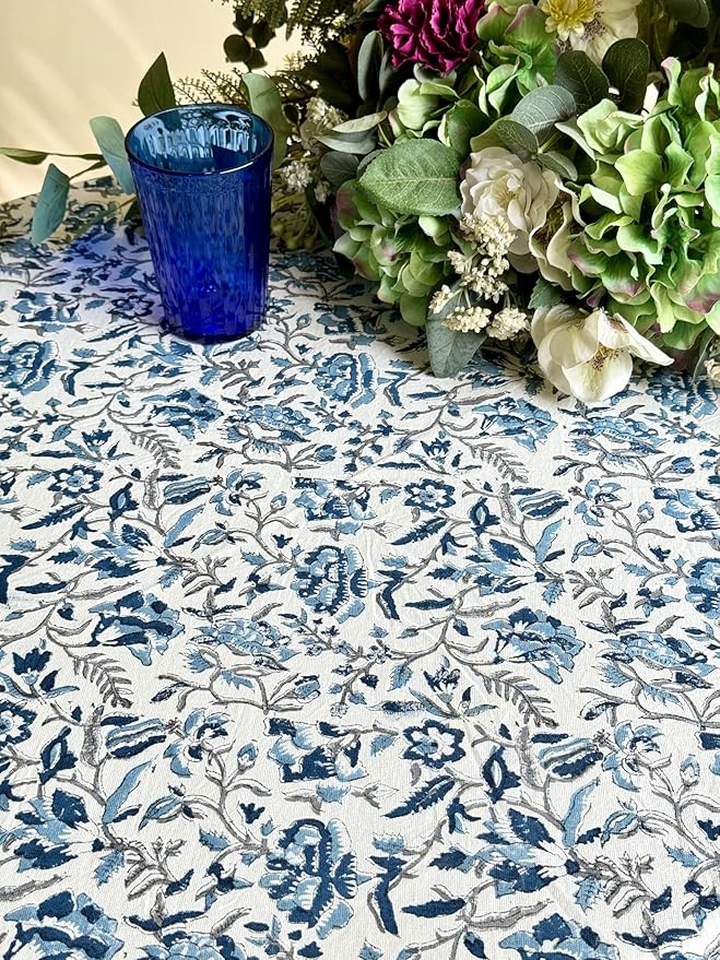 ATOSII Jodhpur Blue 100% Cotton Round Tablecloth, Handblock Print Floral Table Cloth for Kitchen Dining Linen I Parties, Weddings, Outdoors, Christmas I Fall Home Decor 60" Inches Round