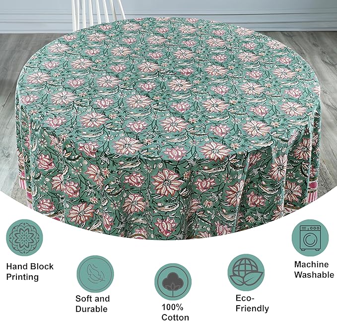 Ridhi Block Print Round Virdian Green Reusable Tablecloth 100% Cotton 132" Inch Decorative Table Cover eveyday Dining, Home, Party, Wedding, Farmhouse Gift for Spring, Easter, Valentine