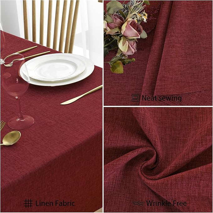 JIUZHEN Red Rectangle Tablecloth, Faux Linen, 52 x 70 Inch, Wrinkle & Spill-Resistant, Farmhouse Style, Perfect for Dining, Parties & Camping