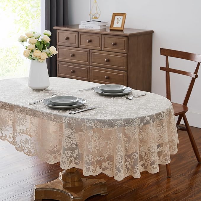 Warm Home Designs Thanksgiving Tablecloth. 54 x 72 Linen Oval Tablecloth. Elegant Lace Tablecloths for Oval Tables Feature Floral Design for Rustic Kitchen Decor, Wedding Decor. MTC Linen Oval 72"