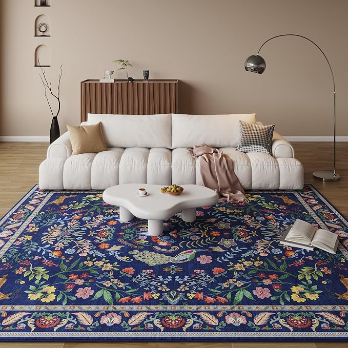 Rugcomf Living Room Rug 6x9 Rug Machine Washable Area Rug Floral Non-Slip Low Pile Large Rug for Living Room, Bedroom, Farmhouse, Dining Room, Kids Playroom(Blue)