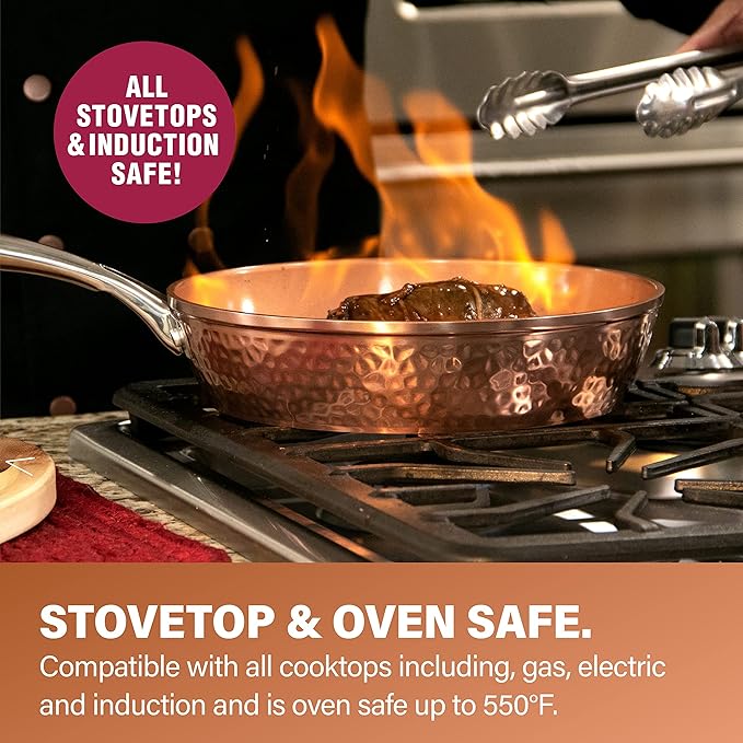 Gotham Steel Hammered 15 Pc Ceramic Cookware Set Nonstick, Induction Pots and Pans Set Non Stick with Bakeware Set & Steamer for Cooking, Non Toxic PFOA PFOS Free, Oven & Dishwasher Safe - Copper