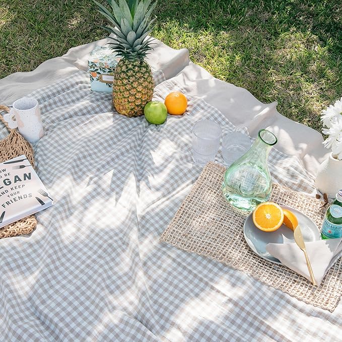MONDAY MOOSE Gingham Checkered Farmhouse Rustic Picnic Style Decoration Rectangle Natural Stonewashed Cotton Tablecloth for Kitchen, Dining Room, Restaurant (60x102 inch, Beige)