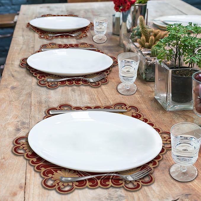Decozen Set of 4 Doilies for Table, Lace Doilies - Rustic, Crochet, Farmhouse, Kitchen, Dining Table Centerpiece Decor - Round Christmas Placemats - 15 Inch Gold Red, The Imperial Collection