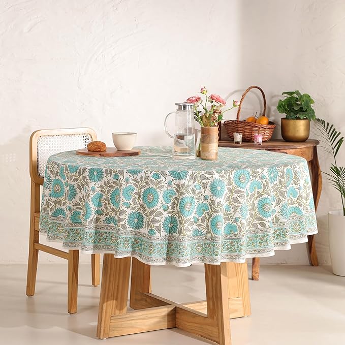 Hand Block Printed Table Cover - Exquisite Design, Premium Cotton Fabric, Perfect for Dining and Decor, Dining Table Linen (Flamingo Bloom, 6 Seater 72 Inches Round)