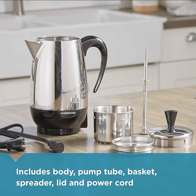 Farberware Electric Coffee Percolator, Stainless Steel Basket, Automatic Keep Warm, No-Drip Spout, 8 Cup