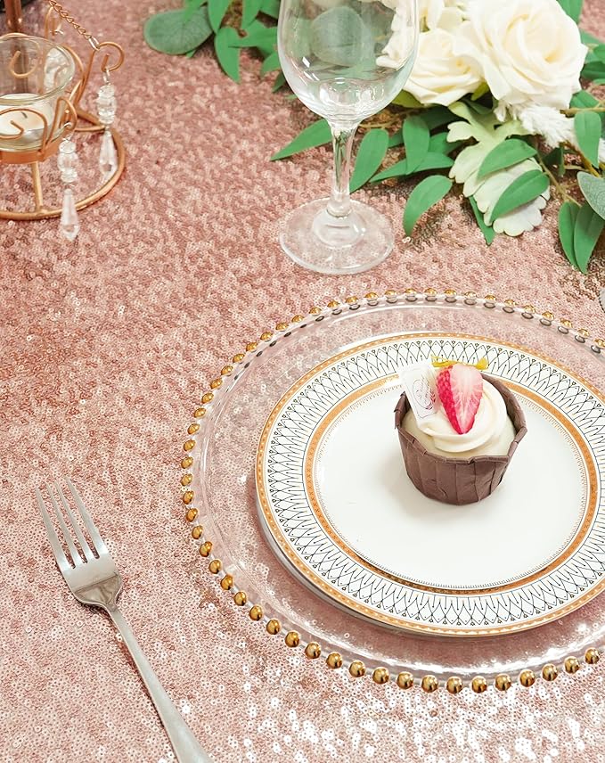 Eternal Beauty Rose Gold Tablecloth, 120 Inch Round Sequin Tablecloth for Valentines Party Cake Dessert Table Exhibition Events
