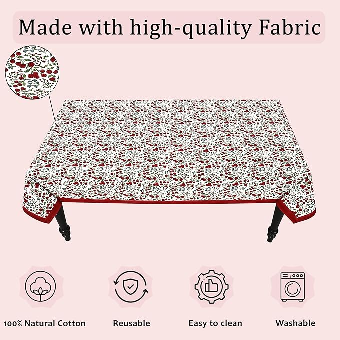 Ridhi Hand Block Print Garnet Red Rectangle Cotton Tablecloth 160" x 72" Reusable Table Cover Decorative Everyday Use for Dining, Farmhouse, Home Gift for Spring, Easter, Valentine