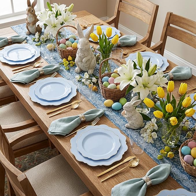 WDF 175Pcs Blue Plastic Plates - Heavy Duty Baby Blue Plates Disposable - 25Guests Plastic Dinnerware Ideal for Parties/Wedding/Baby Shower/Easter