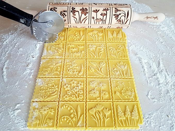 SPRING FLOWERS Embossing Rolling Pin with 16 Different Flowers in Squares. Dough and Clay Roller for Embossed Cookies and Pottery. Cookie and Ceramic Stamp. Baking Gifts for Women by Algis Crafts