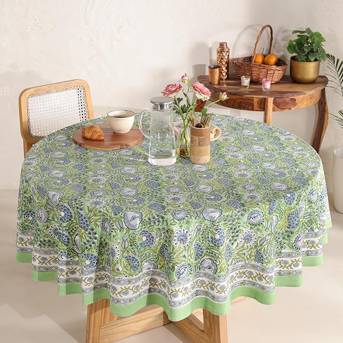 Hand Block Printed Table Cover - Exquisite Design, Premium Cotton Fabric, Perfect for Dining and Decor, Dining Table Linen(Asparagus Green,6 Seater 72 Inches Round)