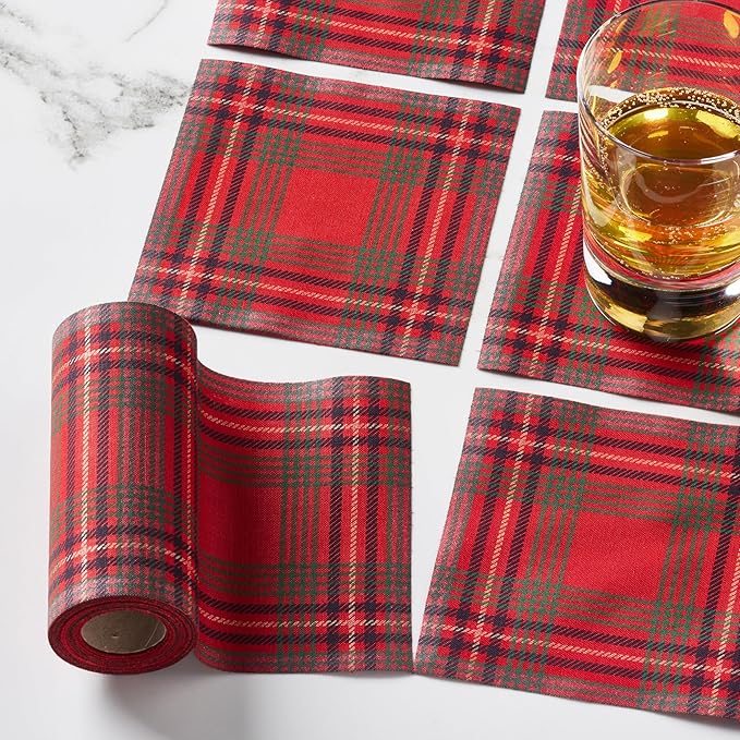 MY DRAP Cocktail Napkins 11 x 11 cm / 4.5" x 4.5" - (50 Per Roll, Cotton Red Tartan Xmas)