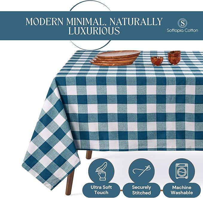 Buffalo Plaid Check 52"x70" Tablecloth 100% Cotton Washable Rustic Rectangle Table Cover Decorative for Gifts, Dining, BBQ, Buffet Parties & Camping - Teal